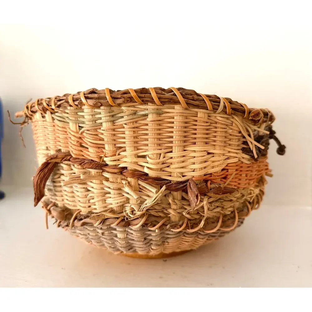 Vintage Handcrafted Tapestry Basket Woven Signed Artisan Folk Art Edna Zaremba